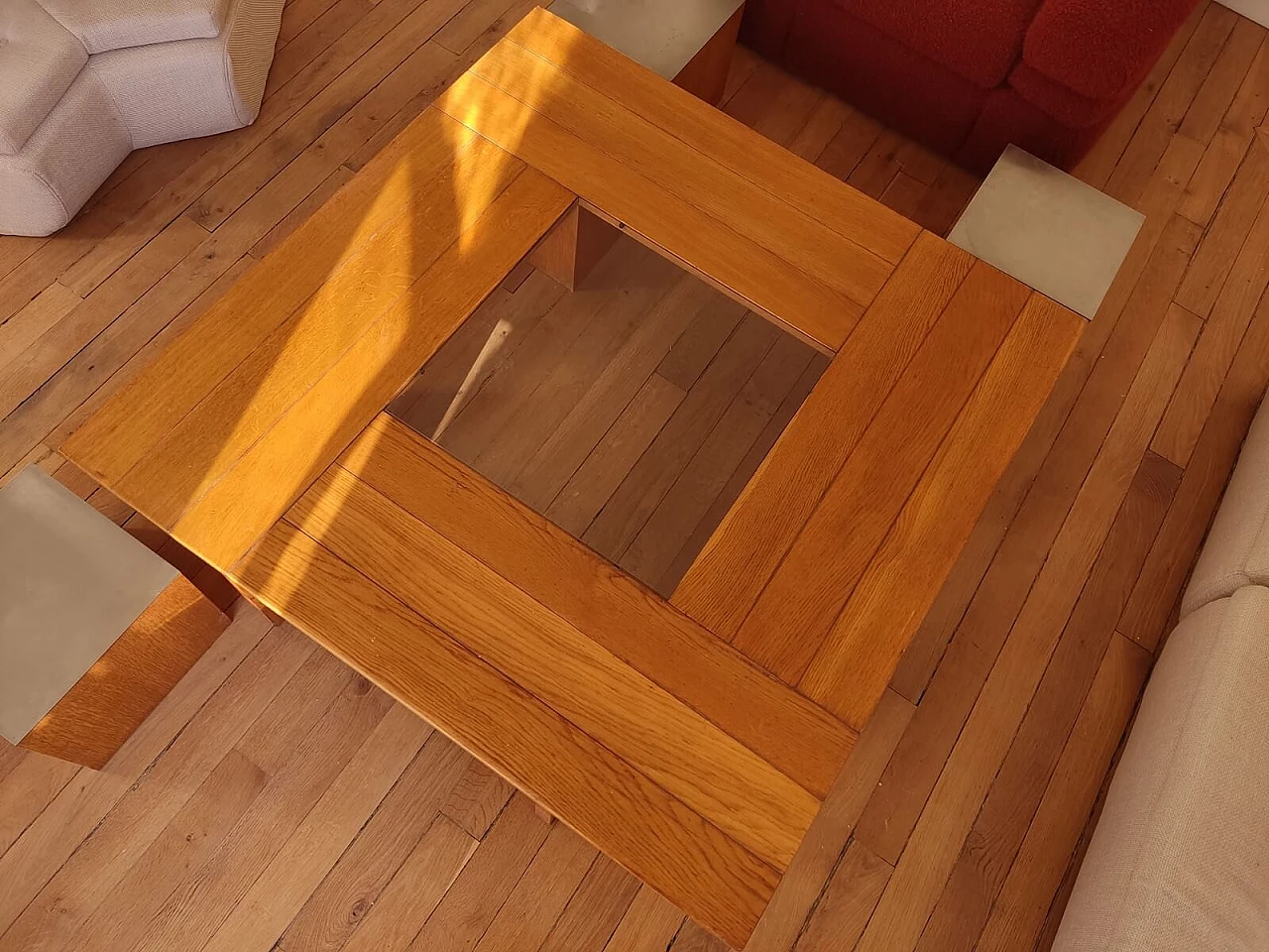 Wood, steel and glass coffee table with four stools by Tecno, 1970s 7