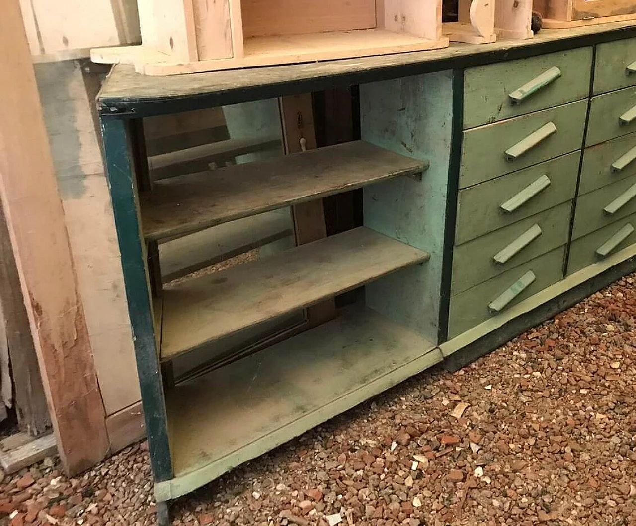 Wooden counter with drawers and open compartment, 1950s 5