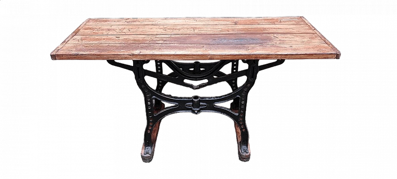 Tavolo da lavoro con base in ghisa e piano in legno, anni '50 8