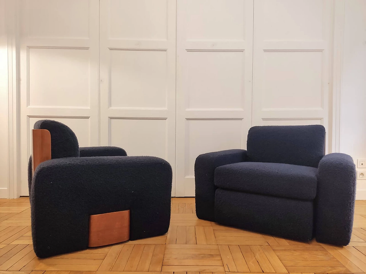 Pair of armchairs with wood veneer shell, 1960s 9