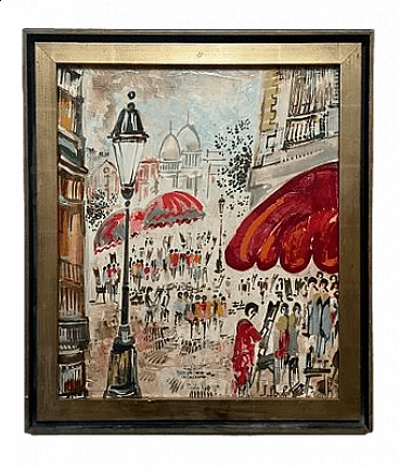 Impressionist painting of Place du Tertre in Montmartre, oil on panel, 1960s