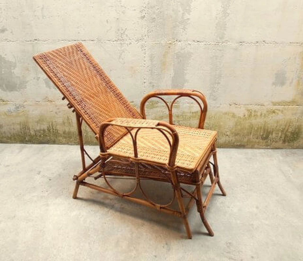 Rattan and malacca recliner armchair with footrest 1920s intOndo