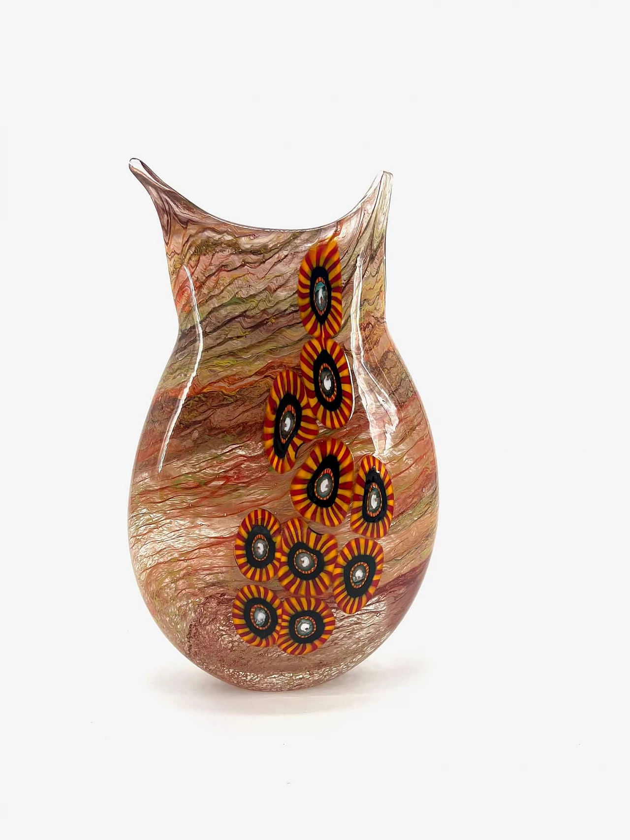 Murano glass vase with yellow, red and black striped murrine 1