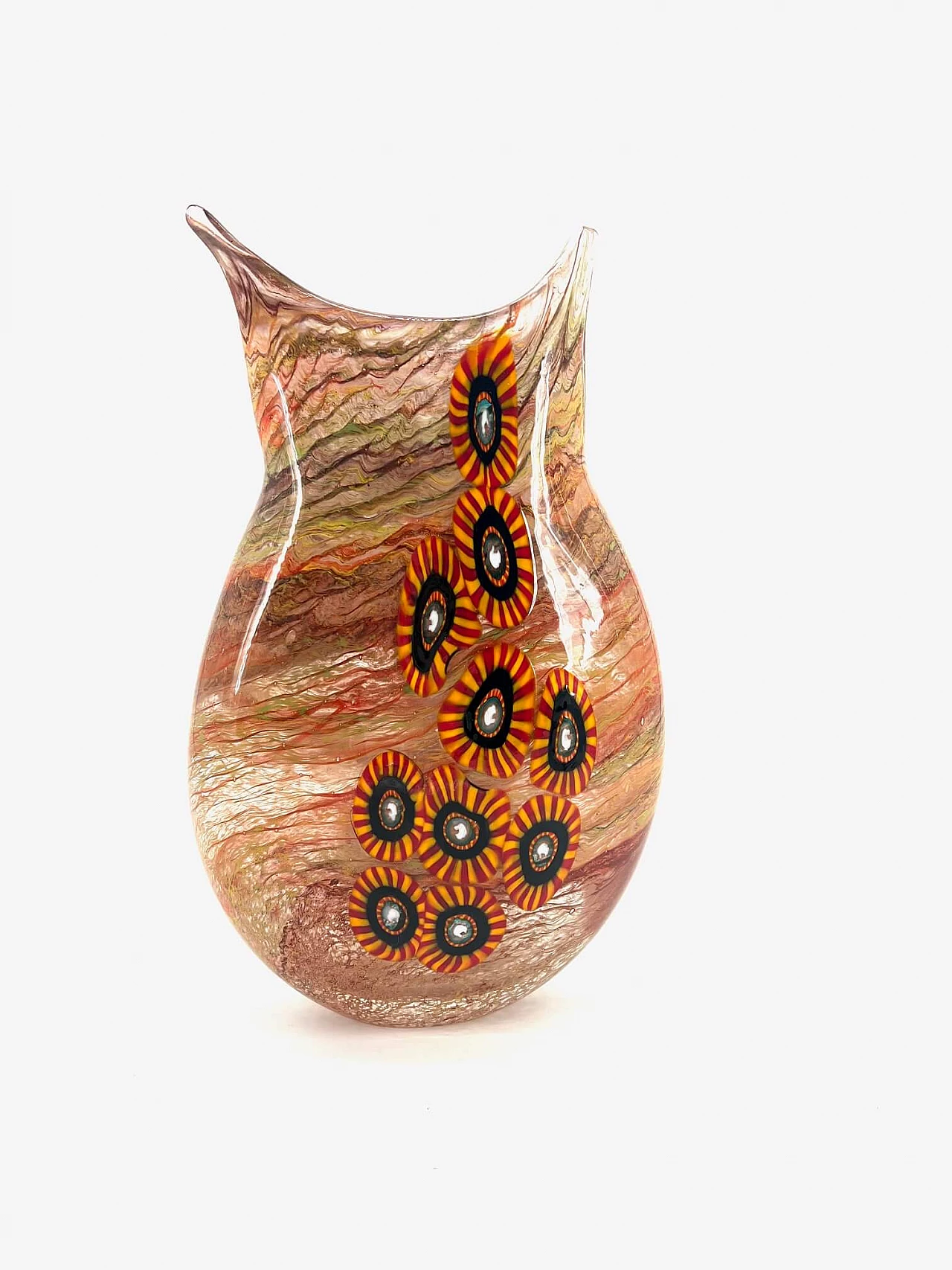 Murano glass vase with yellow, red and black striped murrine 2