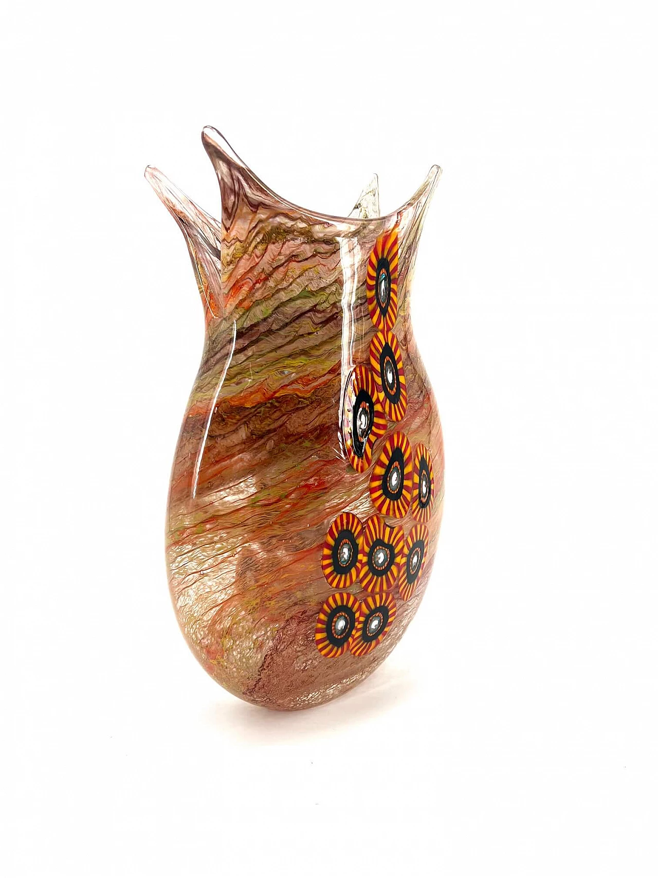 Murano glass vase with yellow, red and black striped murrine 3