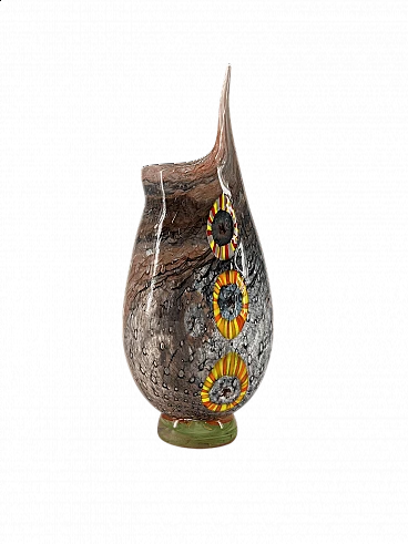 Murano glass vase with yellow and red striped murrine