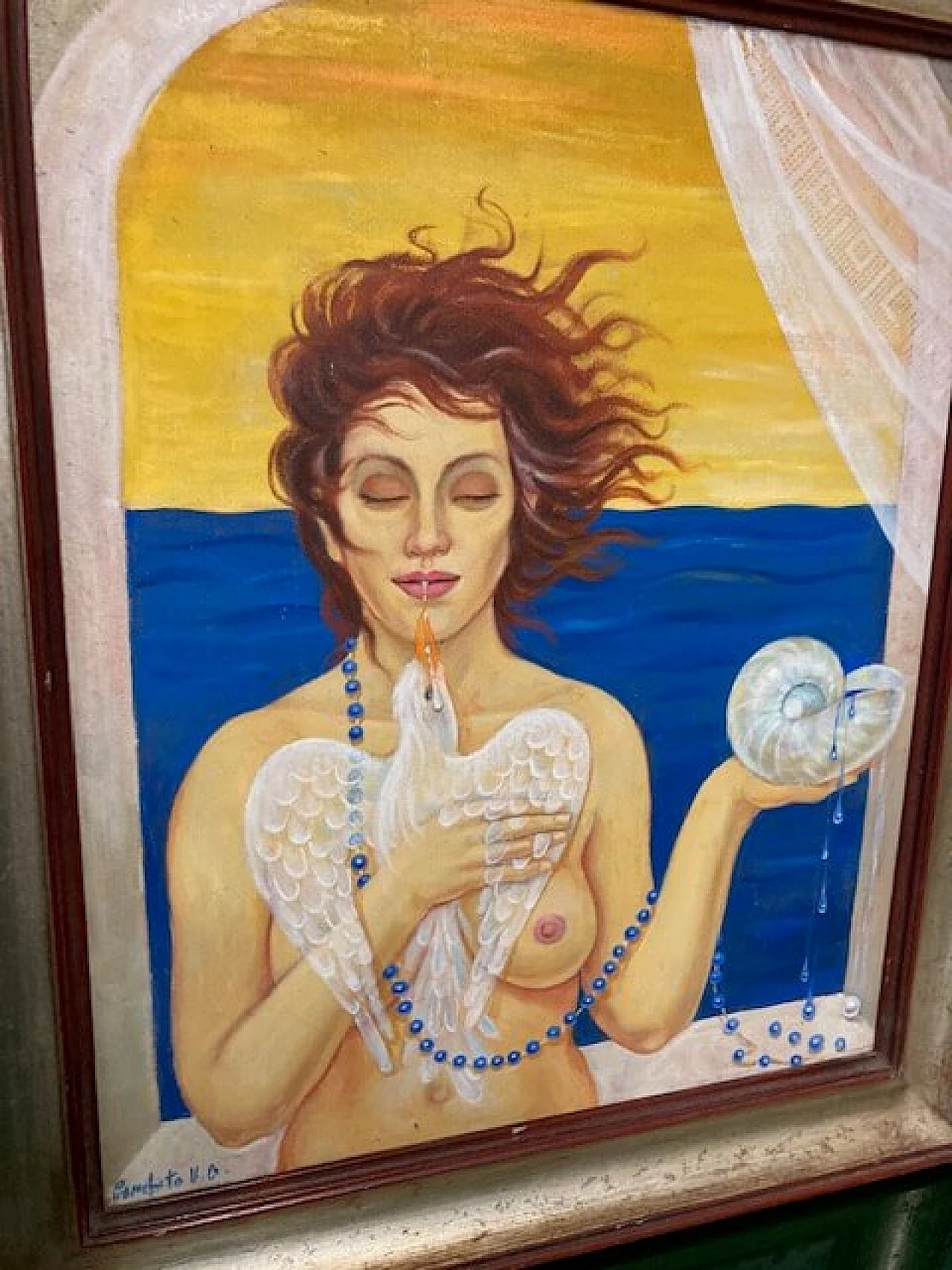 Conchita, woman with bird and shell, oil painting on canvas | intOndo