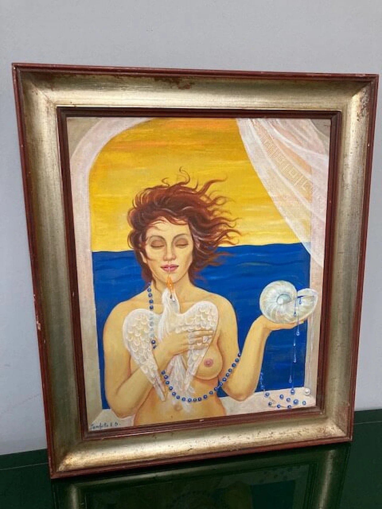 Conchita, woman with bird and shell, oil painting on canvas 2