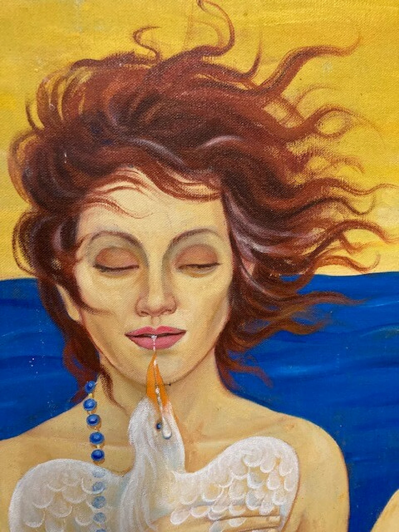 Conchita, woman with bird and shell, oil painting on canvas 3