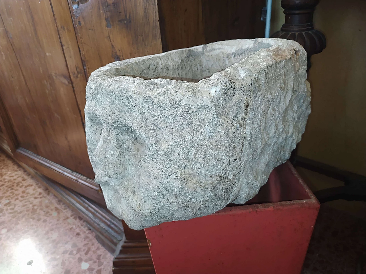 Stone tank with sculpted face, early 20th century 4