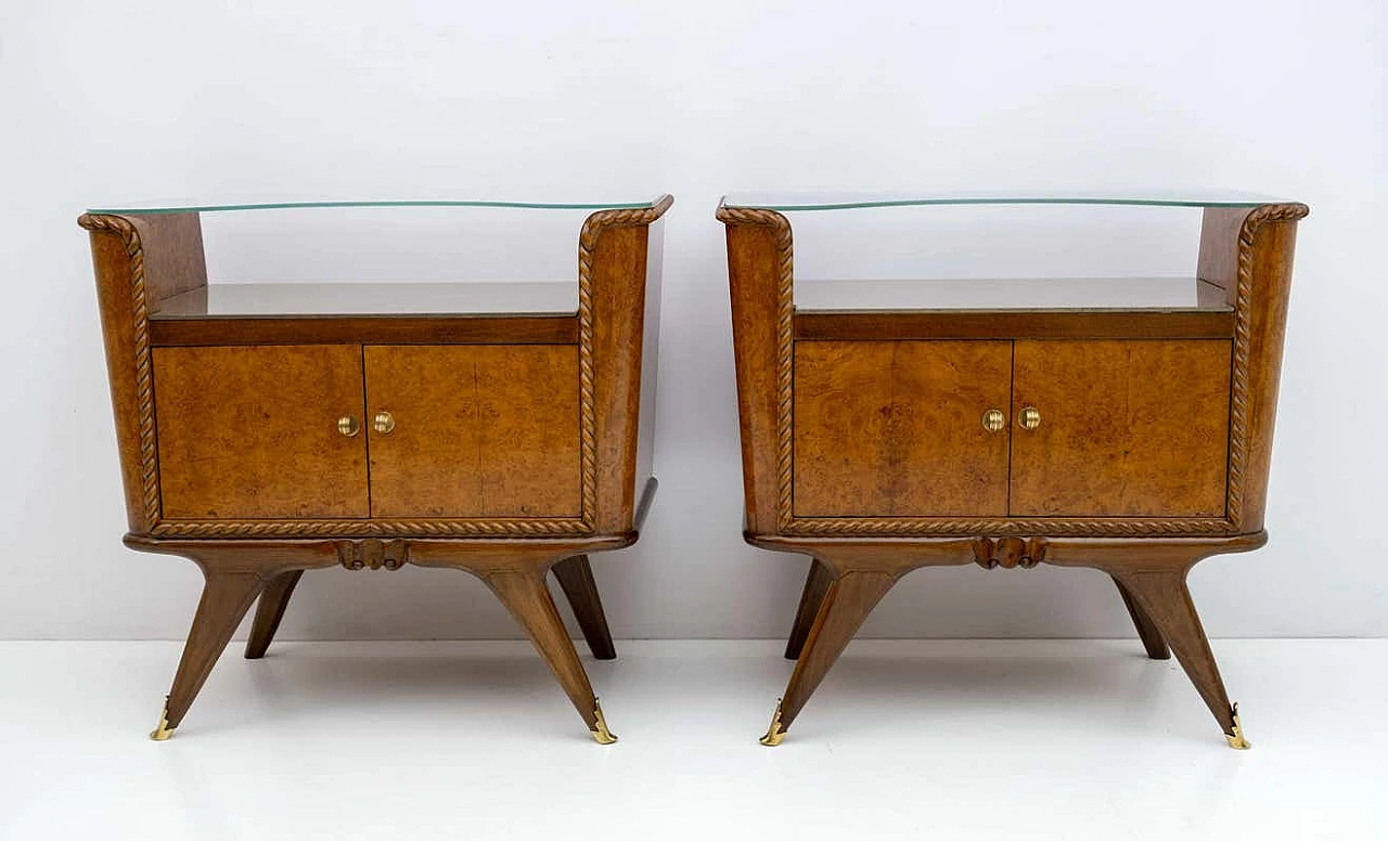 Pair of Art Deco briarwood bedside tables with glass shelves, 1930s 1