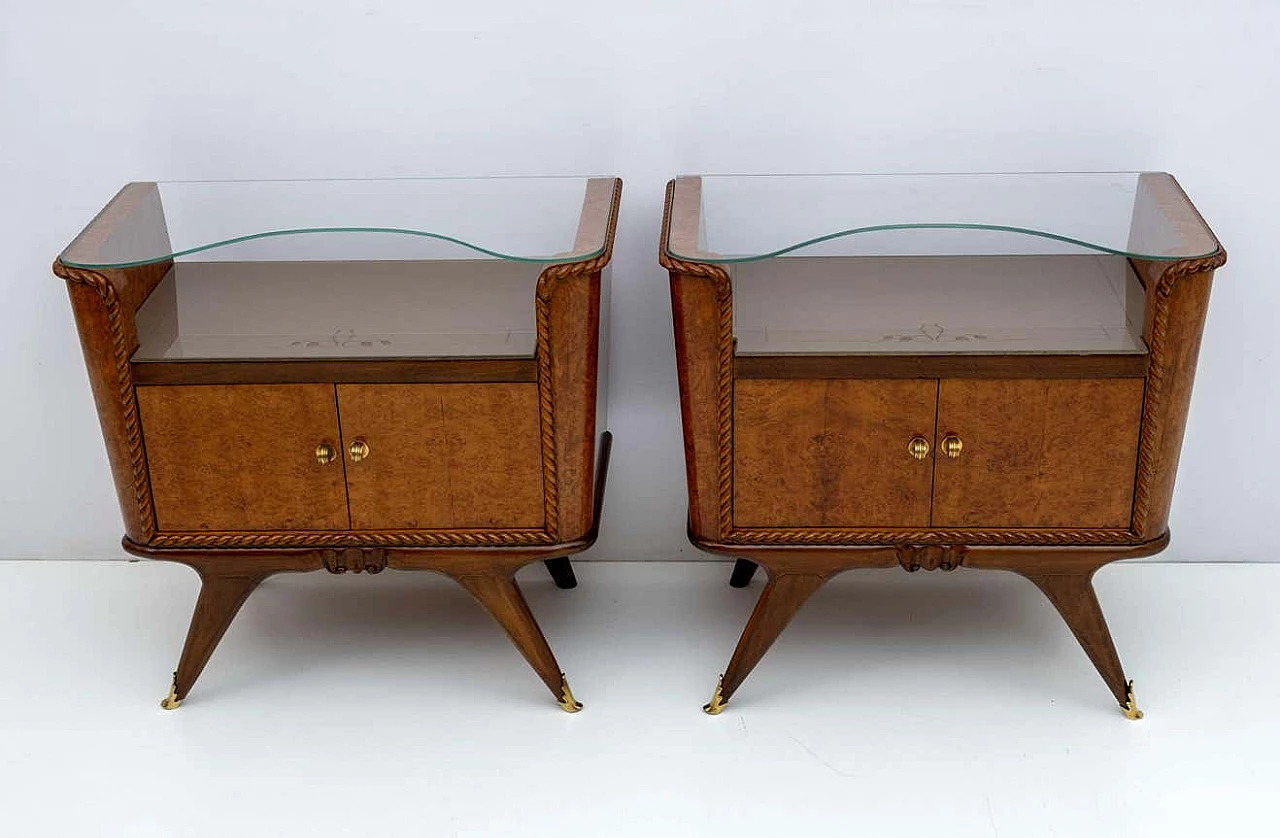 Pair of Art Deco briarwood bedside tables with glass shelves, 1930s 2