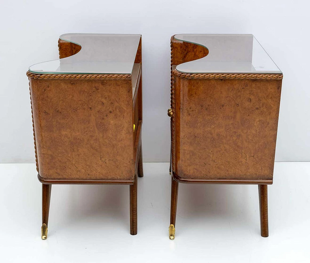 Pair of Art Deco briarwood bedside tables with glass shelves, 1930s 3