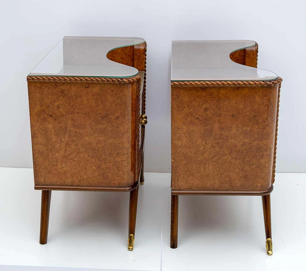 Pair of Art Deco briarwood bedside tables with glass shelves, 1930s 4