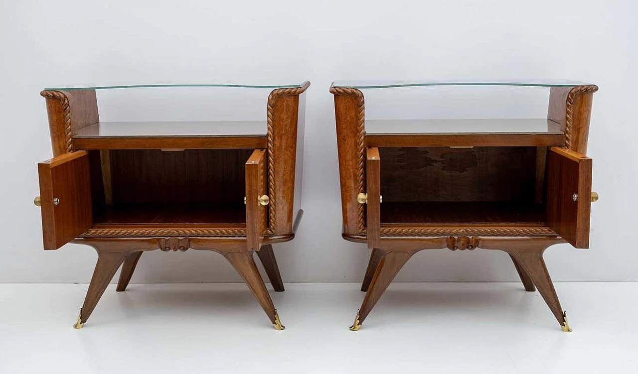 Pair of Art Deco briarwood bedside tables with glass shelves, 1930s 5