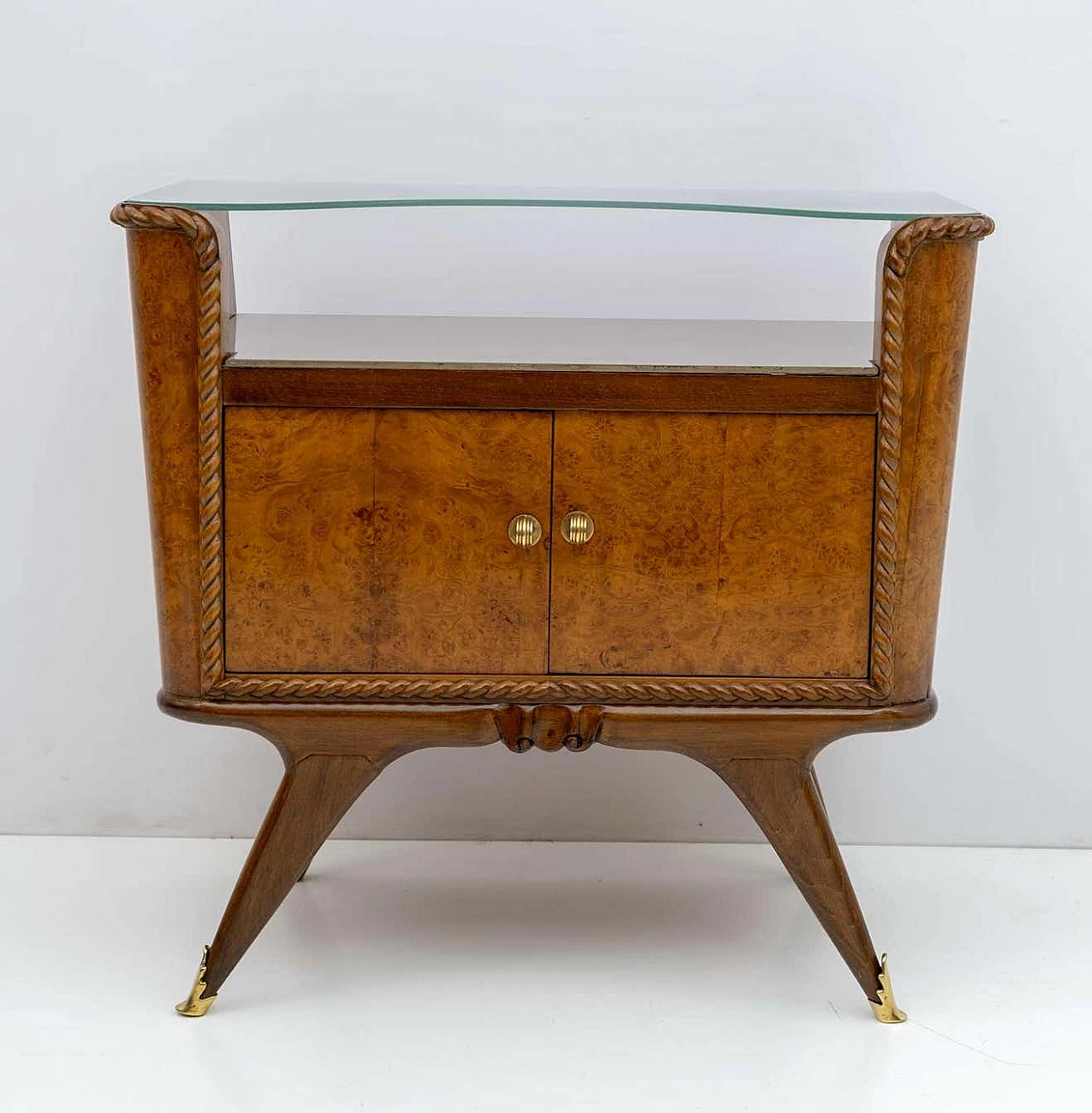 Pair of Art Deco briarwood bedside tables with glass shelves, 1930s 6