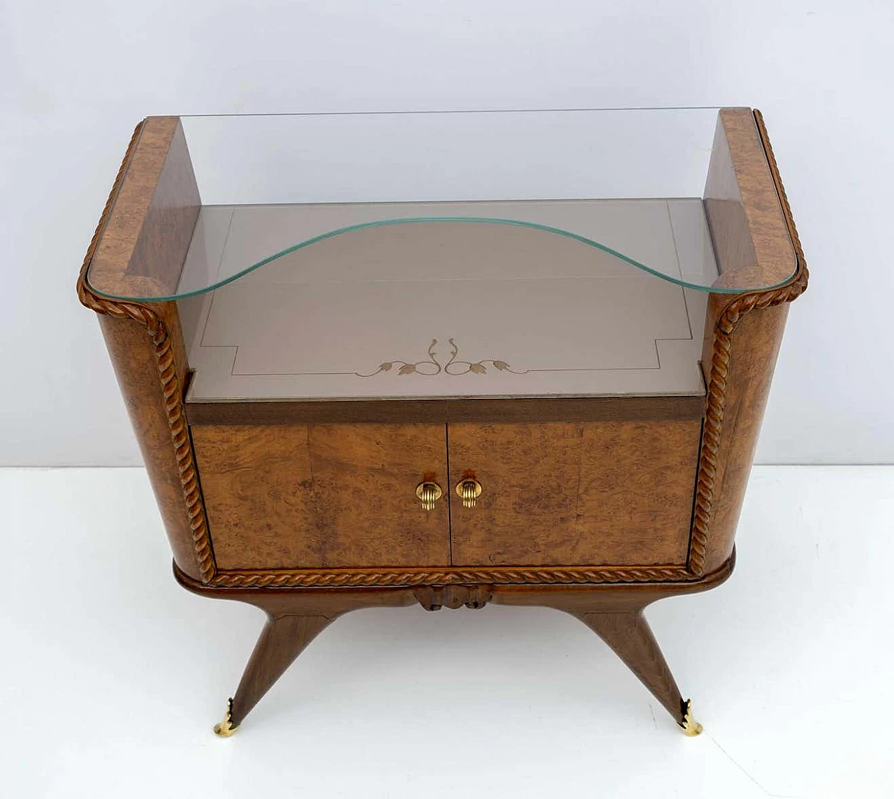 Pair of Art Deco briarwood bedside tables with glass shelves, 1930s 7