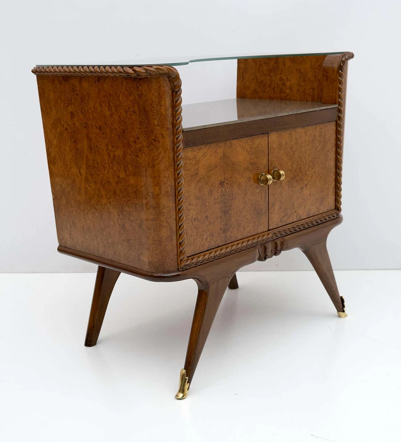 Pair of Art Deco briarwood bedside tables with glass shelves, 1930s 9