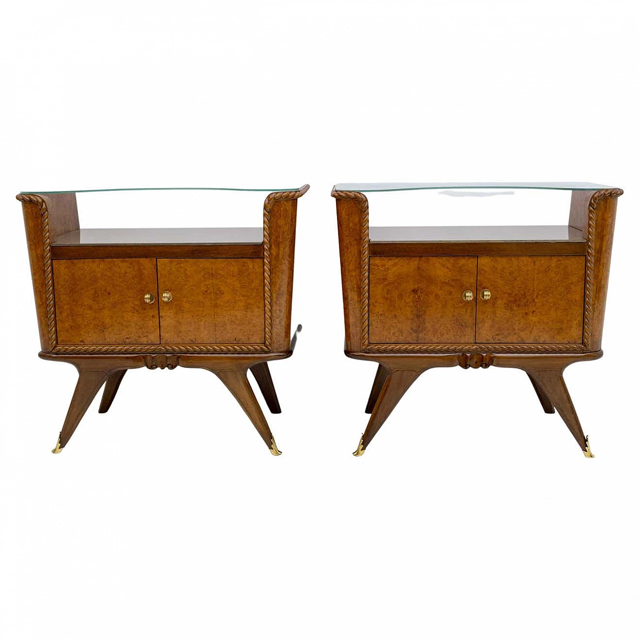 Pair of Art Deco briarwood bedside tables with glass shelves, 1930s 10