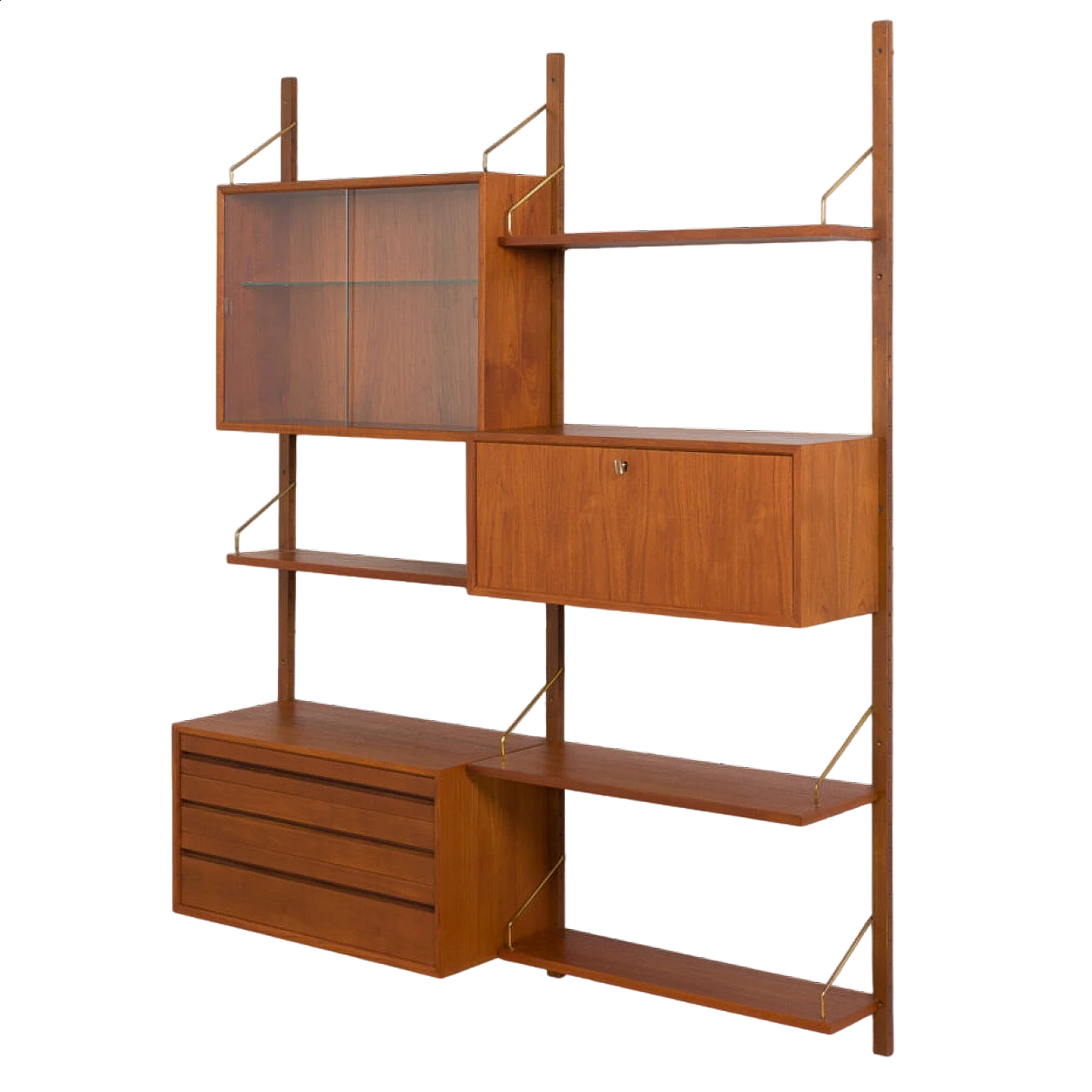 Wall-mounted teak bookcase with bar cabinet and drawer unit by Poul Cadovious for Cado, 1960s 11