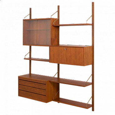 Wall-mounted teak bookcase with bar cabinet and drawer unit by Poul Cadovious for Cado, 1960s