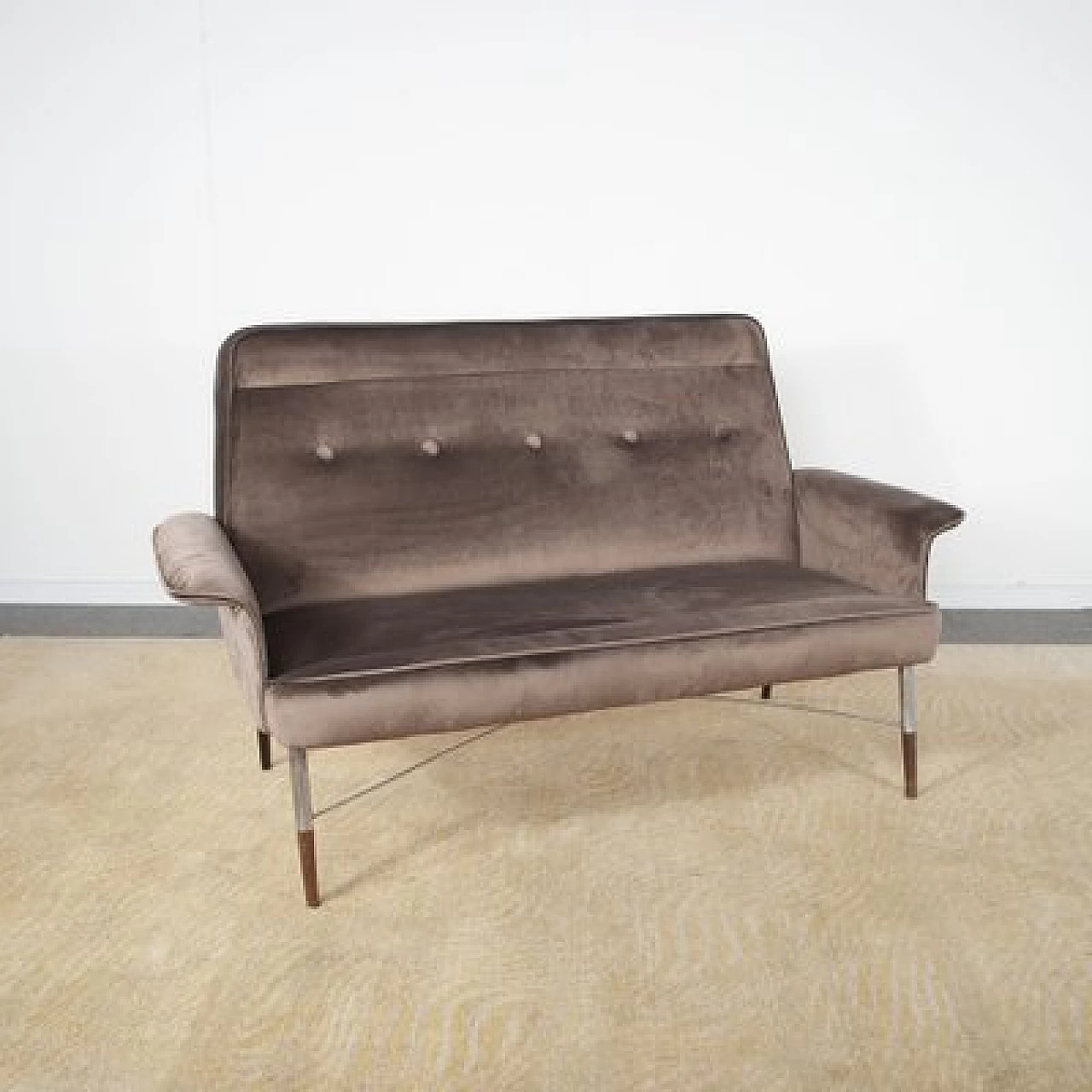 Metal, wood and brown velvet sofa, 1960s 2