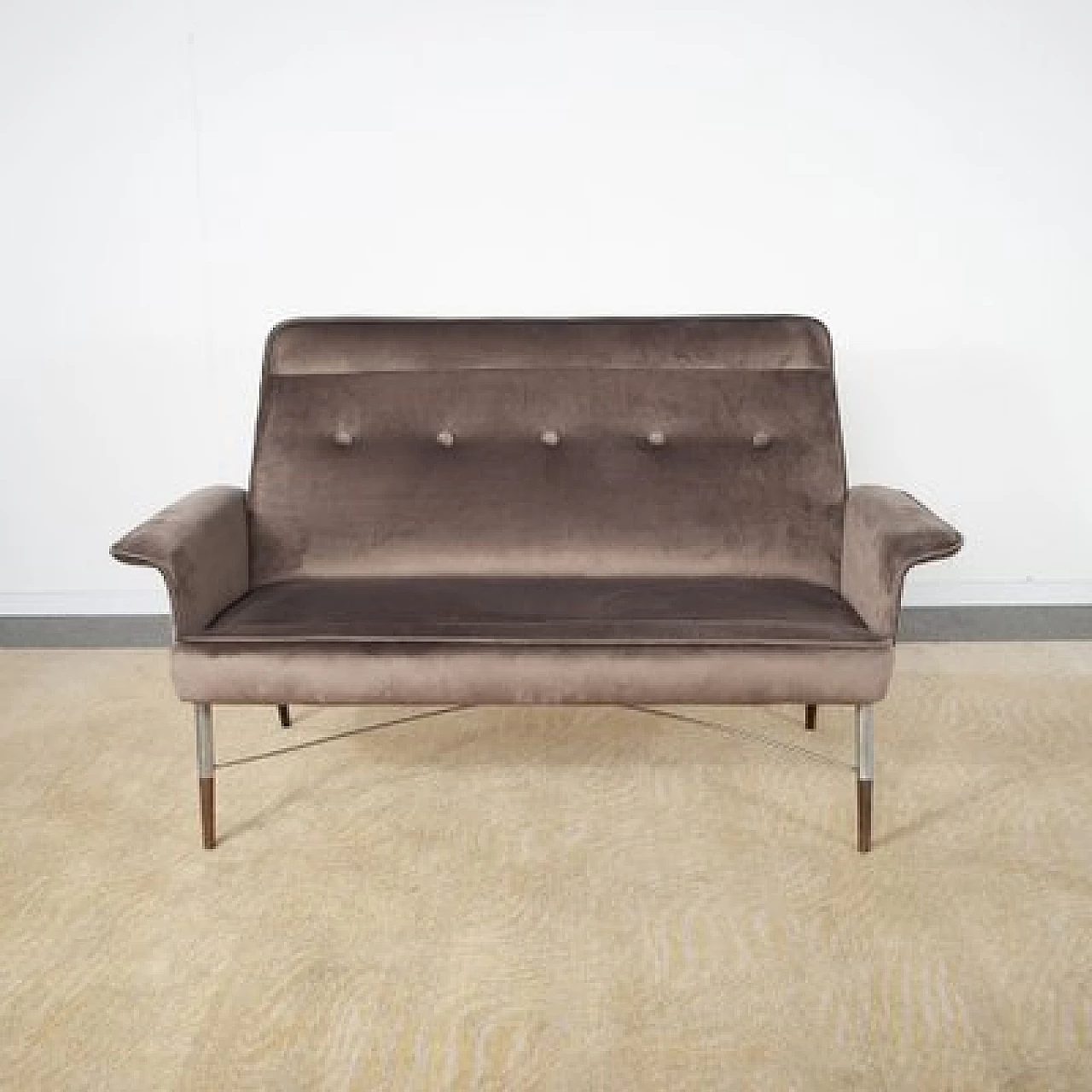 Metal, wood and brown velvet sofa, 1960s 3