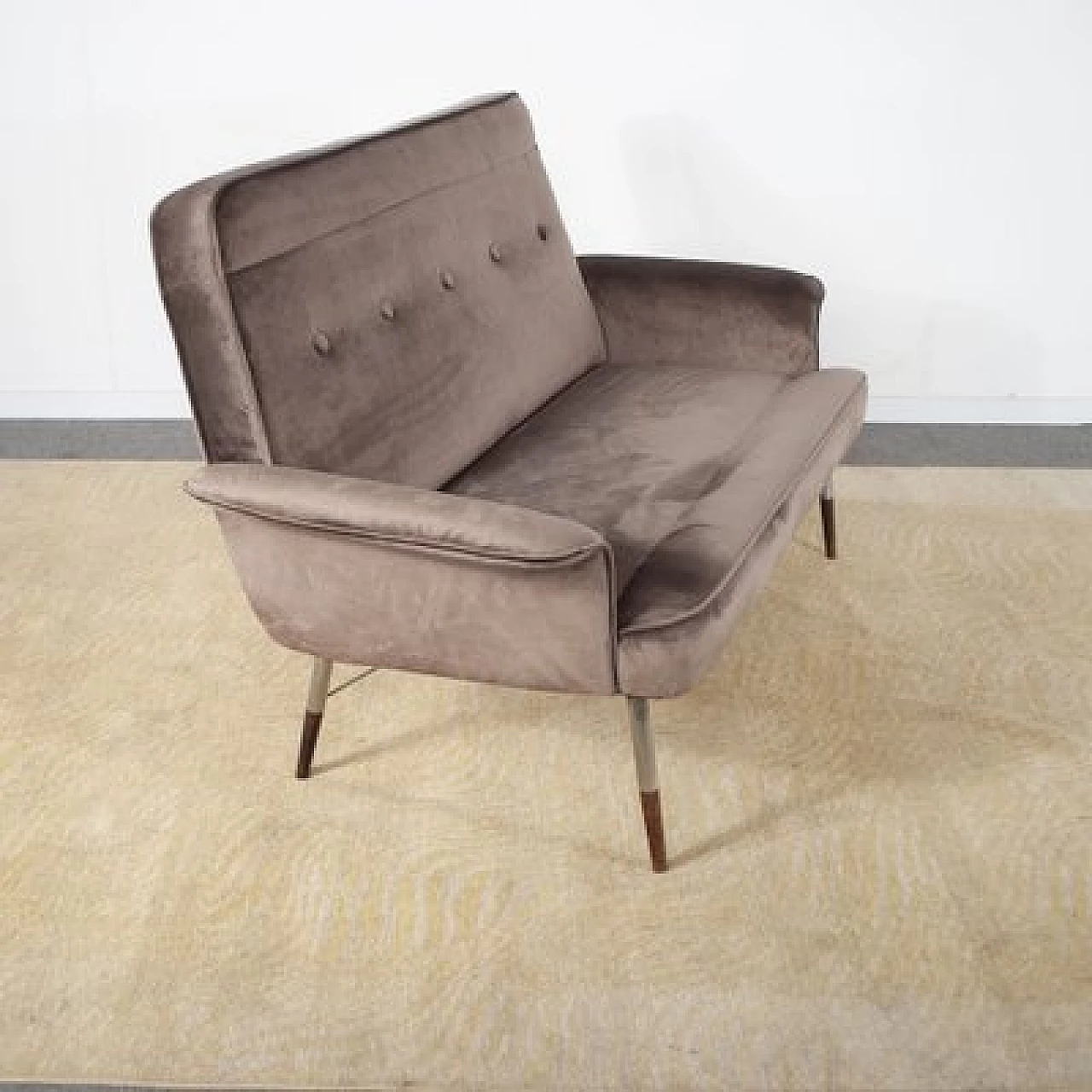 Metal, wood and brown velvet sofa, 1960s 4