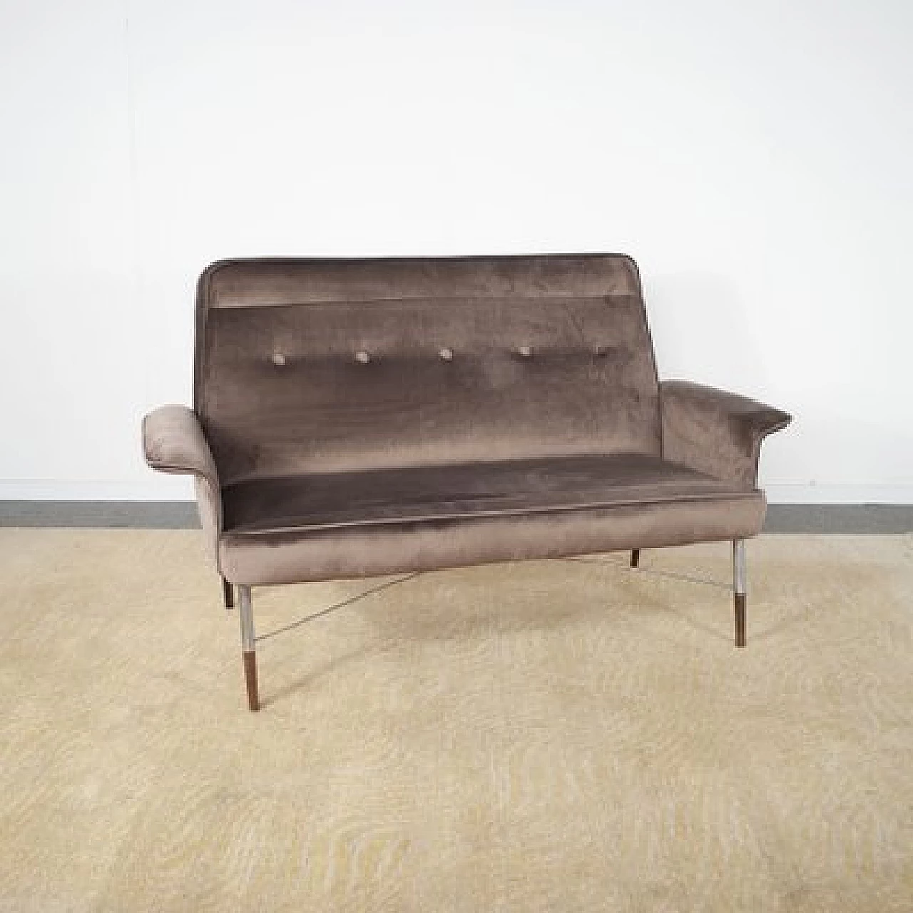 Metal, wood and brown velvet sofa, 1960s 5