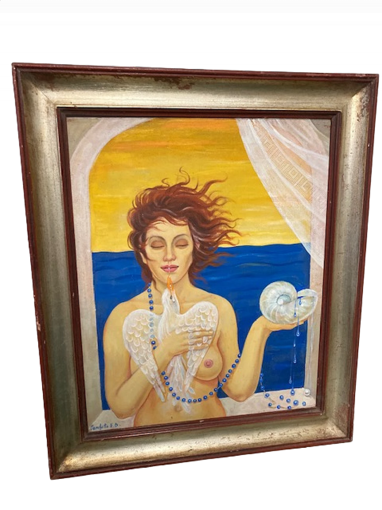 Conchita, woman with bird and shell, oil painting on canvas 10