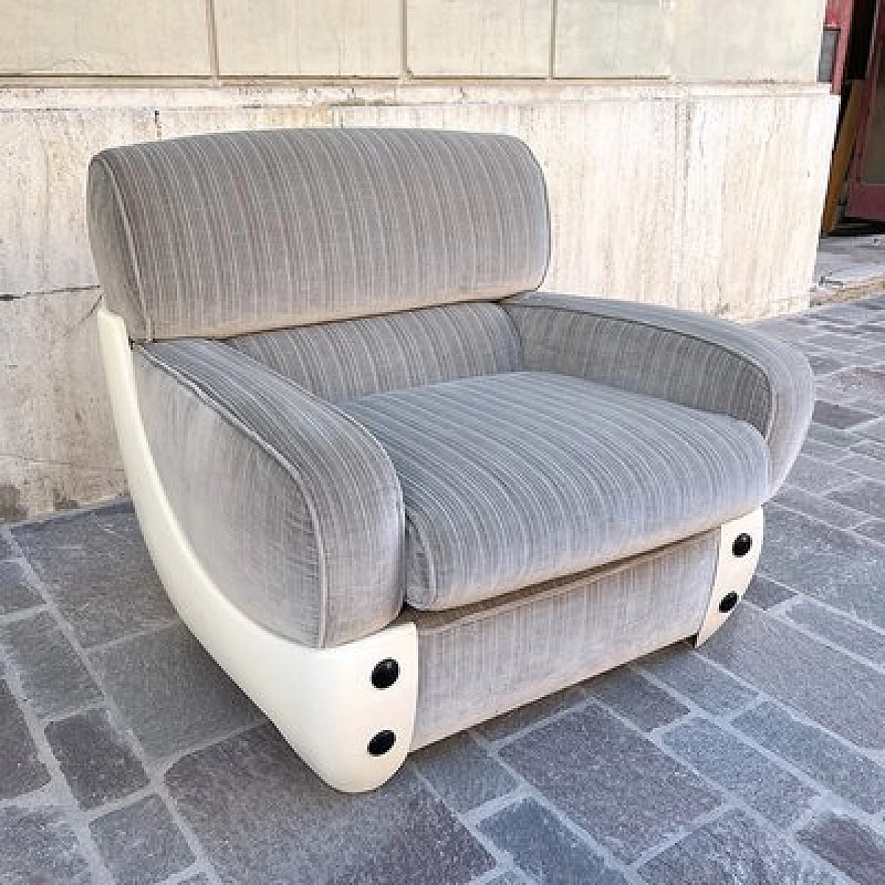 Fiberglass and gray velvet armchair, 1970s 2