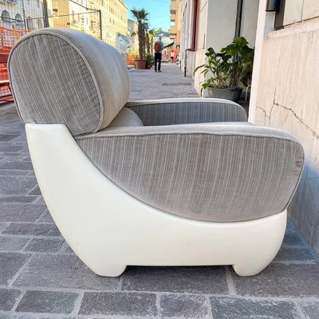 Fiberglass and gray velvet armchair, 1970s 4