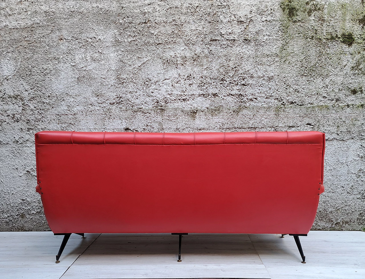 Three-seater red skai sofa with adjustable brass feet, 1950s 2