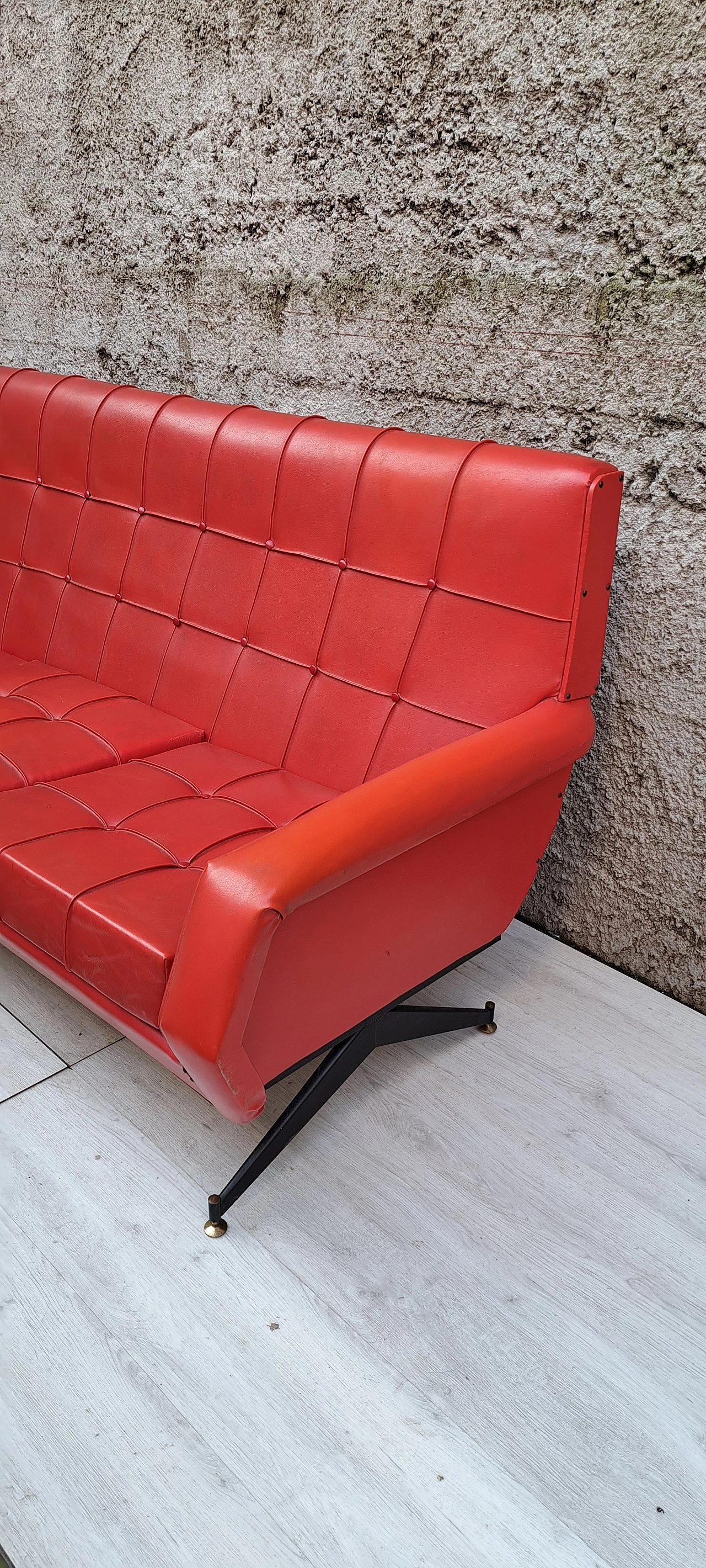 Three-seater red skai sofa with adjustable brass feet, 1950s 4