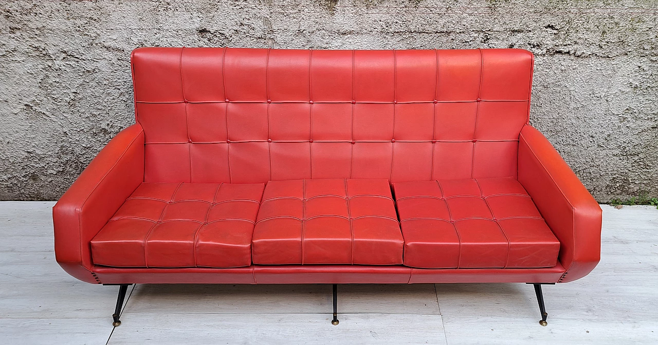 Three-seater red skai sofa with adjustable brass feet, 1950s 5