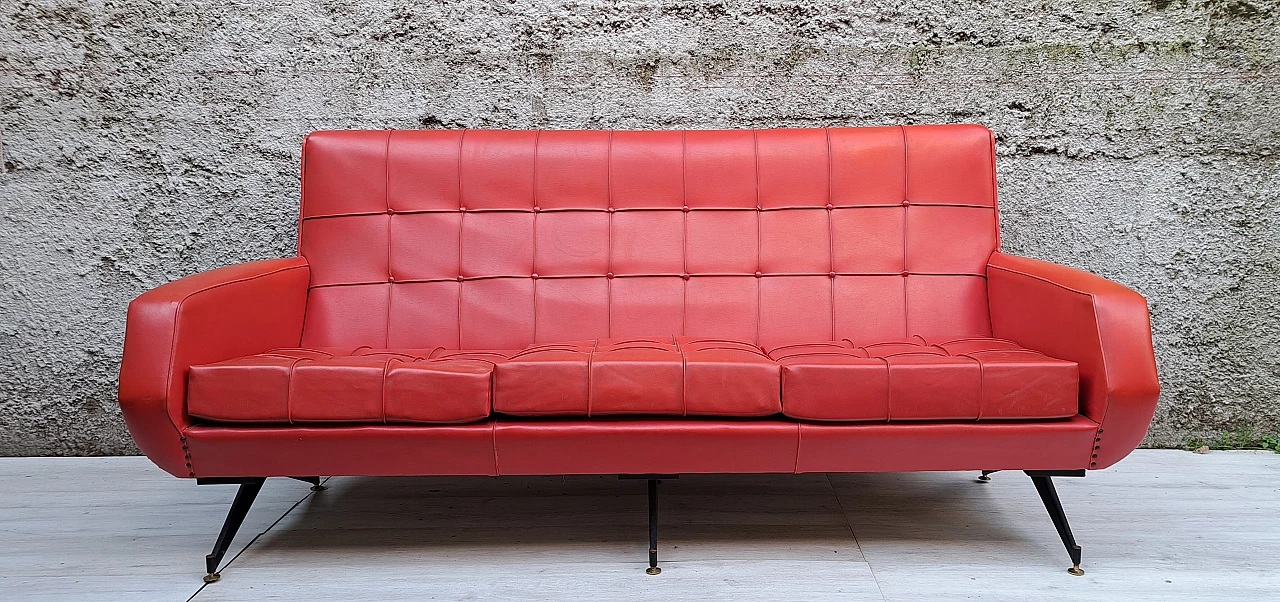 Three-seater red skai sofa with adjustable brass feet, 1950s 6