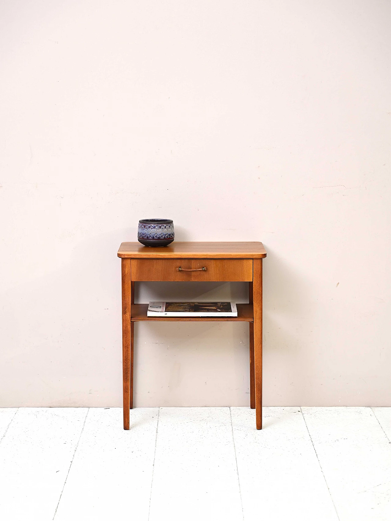 Wooden bedside table with tapered legs and rounded corners, 1960s 1