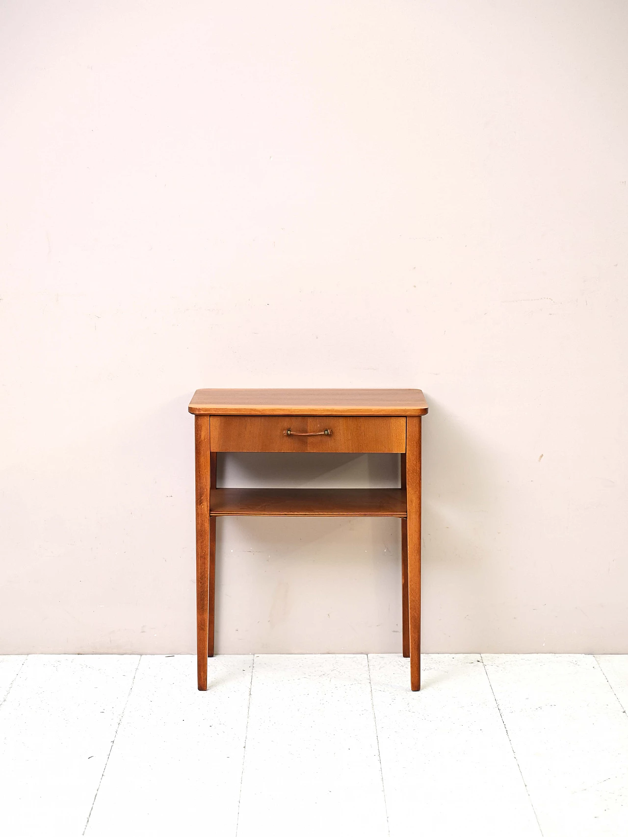 Wooden bedside table with tapered legs and rounded corners, 1960s 2