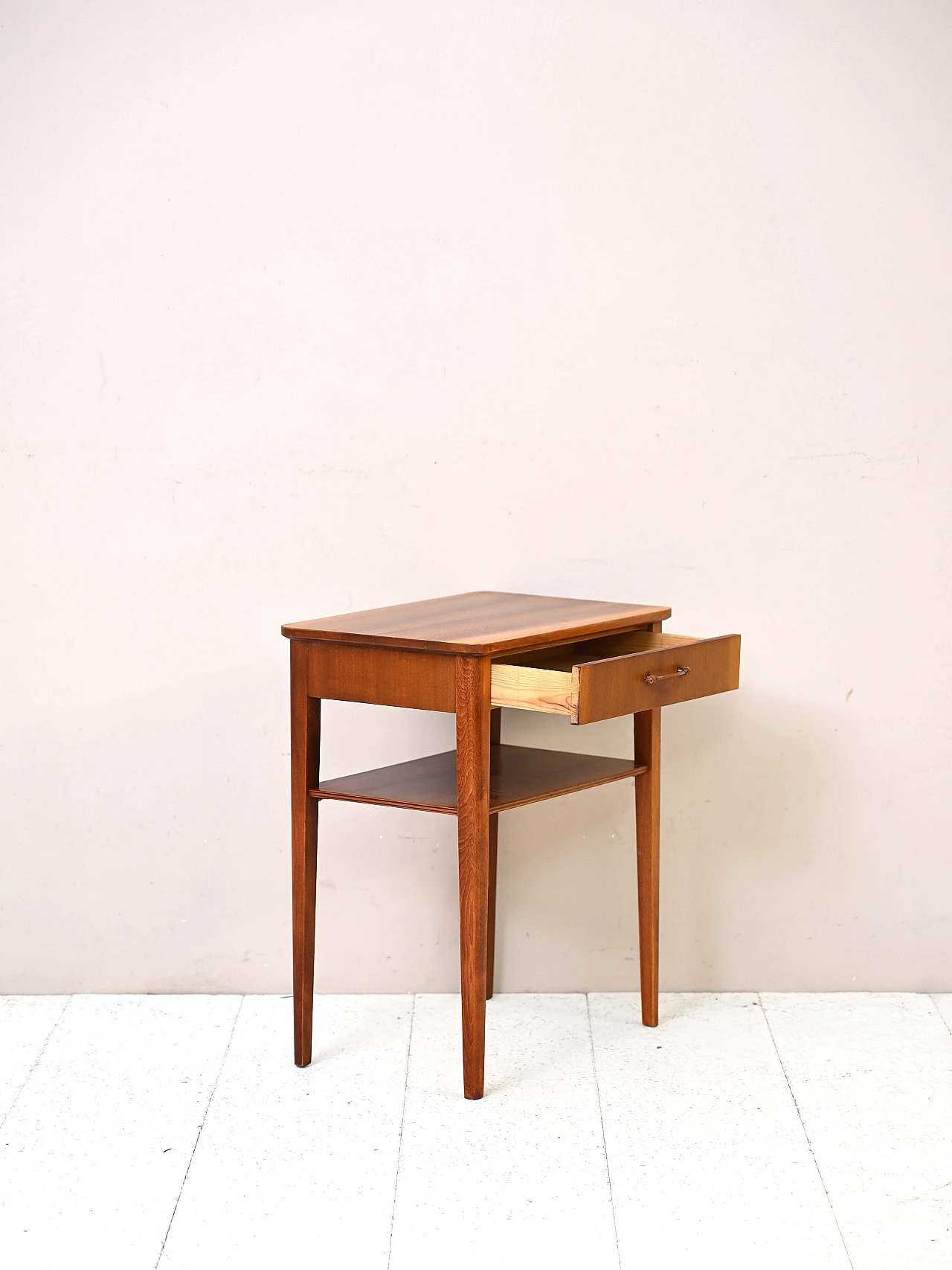 Wooden bedside table with tapered legs and rounded corners, 1960s 3