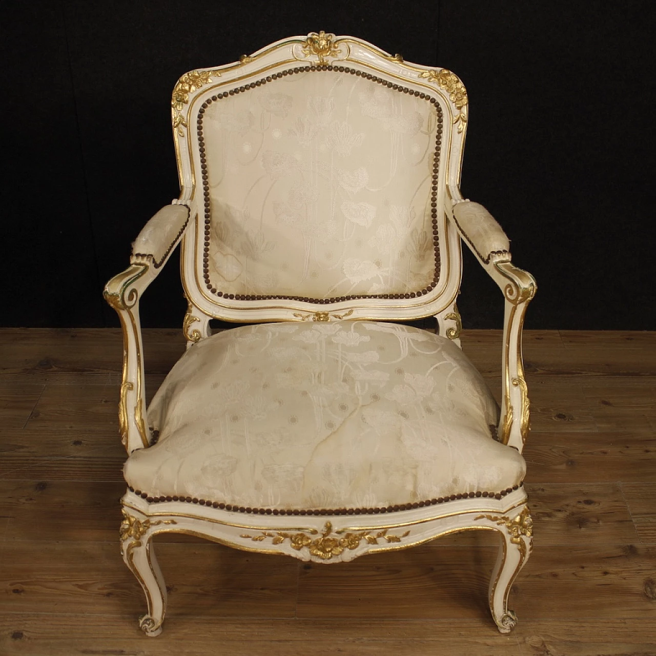 Pair of French carved, lacquered and gilded wood armchairs 3