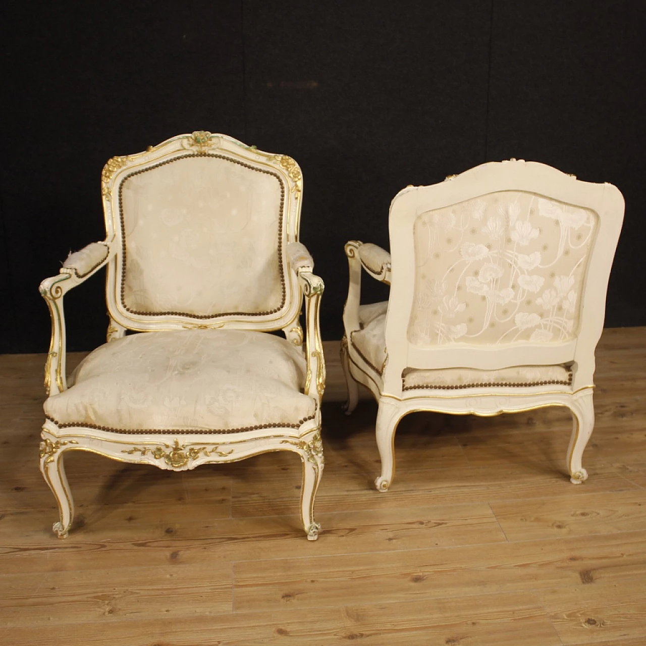 Pair of French carved, lacquered and gilded wood armchairs 5