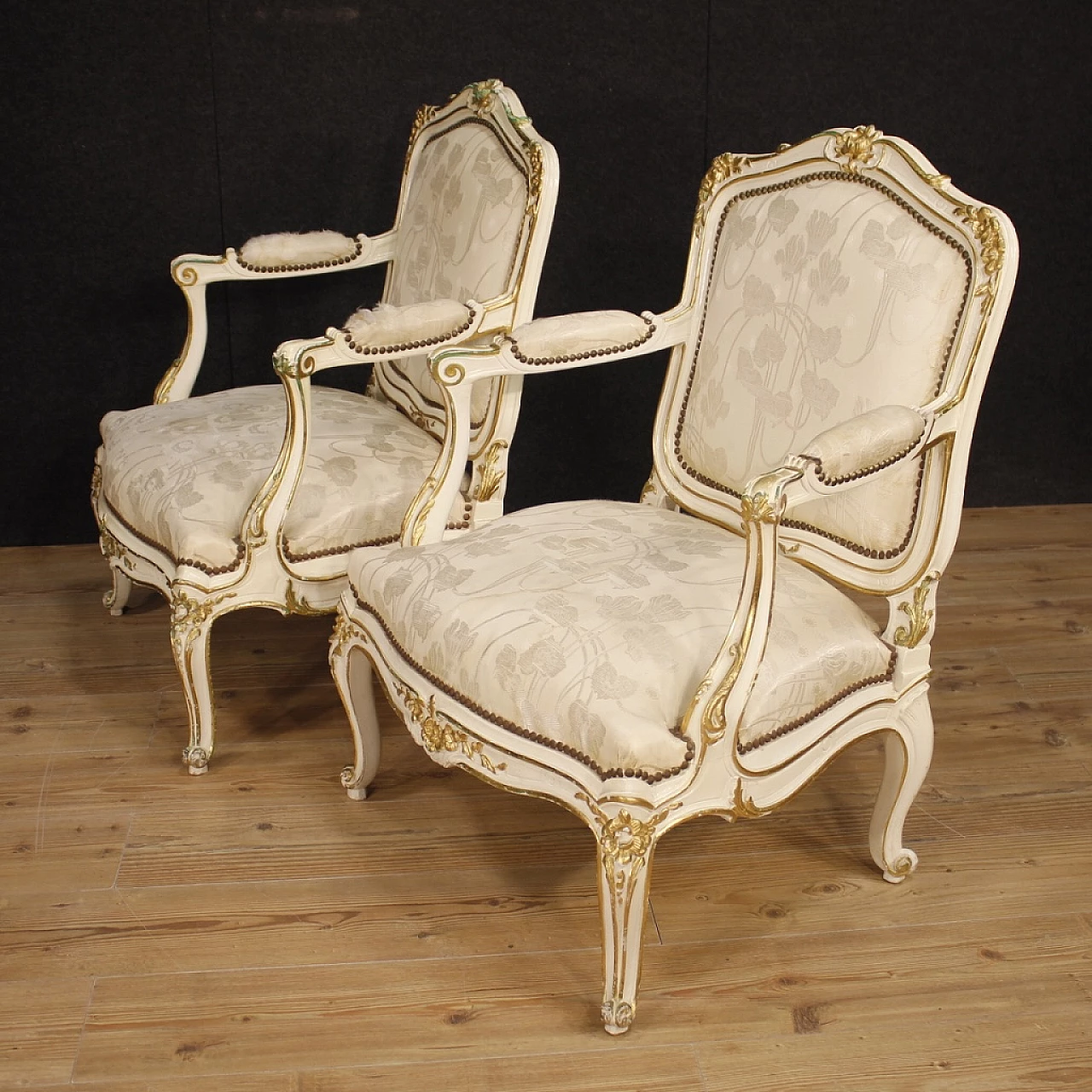 Pair of French carved, lacquered and gilded wood armchairs 6