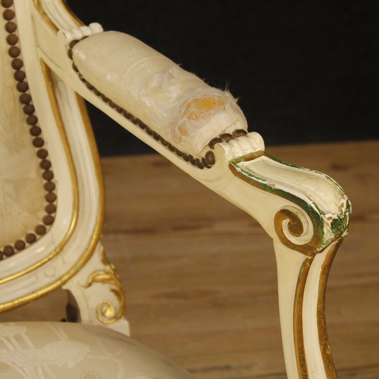 Pair of French carved, lacquered and gilded wood armchairs 9