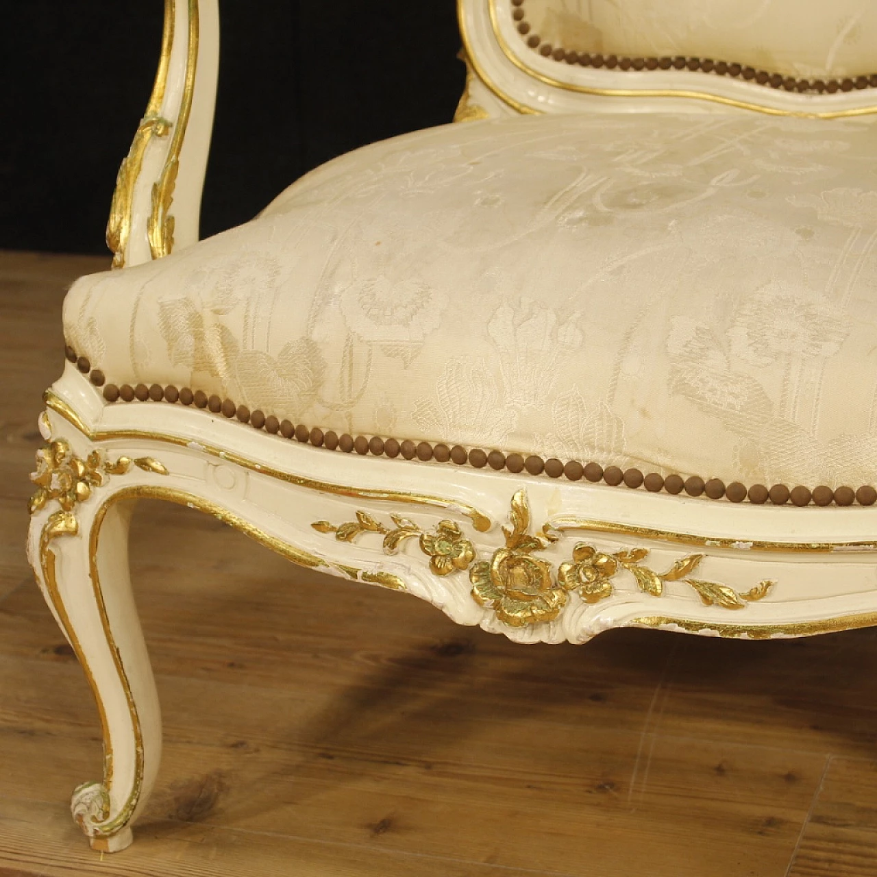 Pair of French carved, lacquered and gilded wood armchairs 10