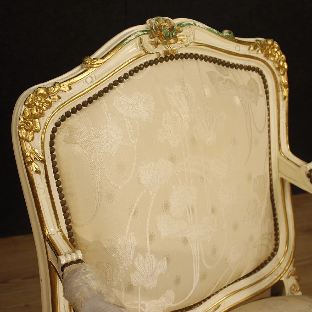 Pair of French carved, lacquered and gilded wood armchairs 11