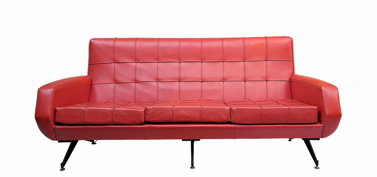 Three-seater red skai sofa with adjustable brass feet, 1950s 7