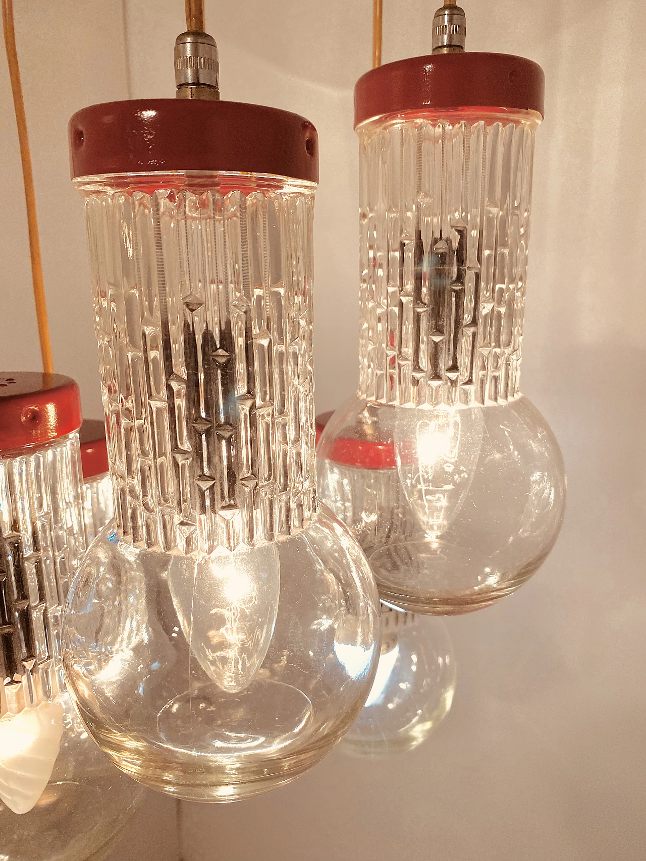 Red metal and glass chandelier in the style of Stilnovo, 1950s 1