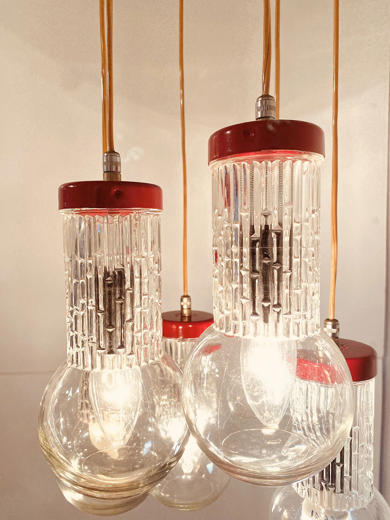 Red metal and glass chandelier in the style of Stilnovo, 1950s 3