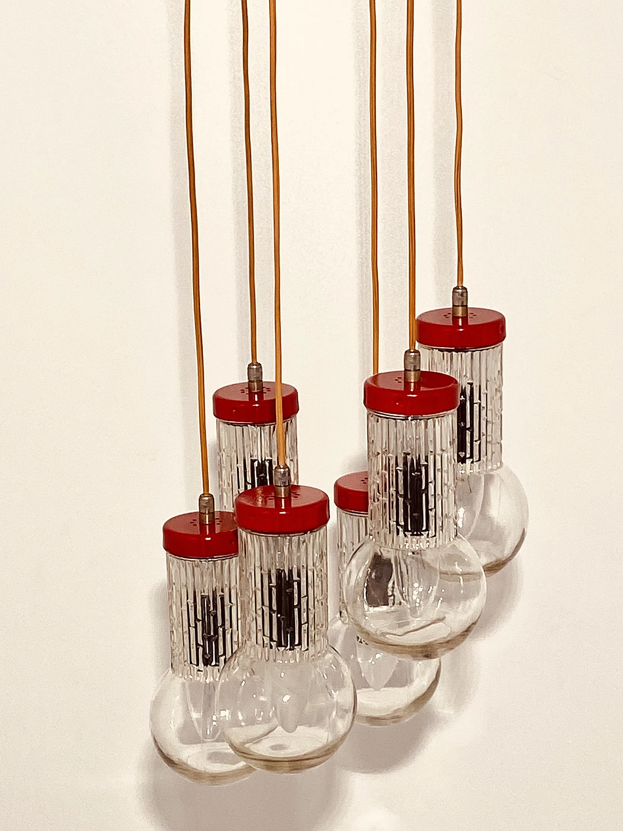 Red metal and glass chandelier in the style of Stilnovo, 1950s 7