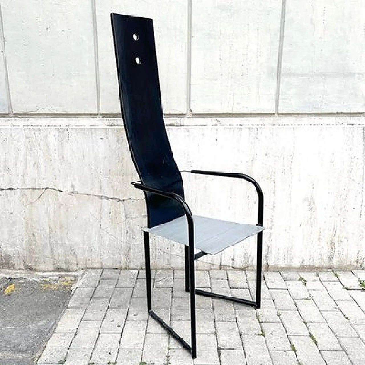 Wood, iron and steel high-backed armchair, 1980s 1